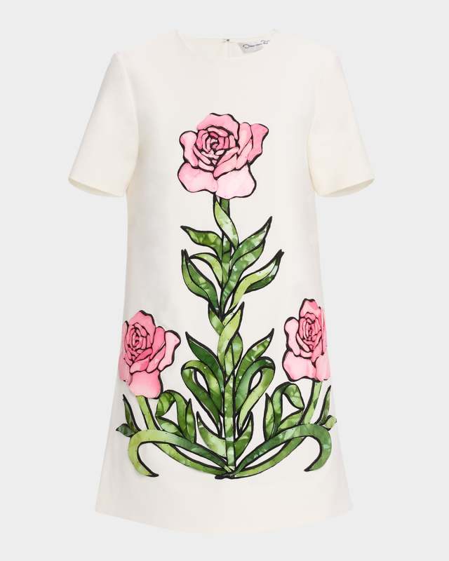 Short-Sleeve Rose Embroidered Mini Shift Dress